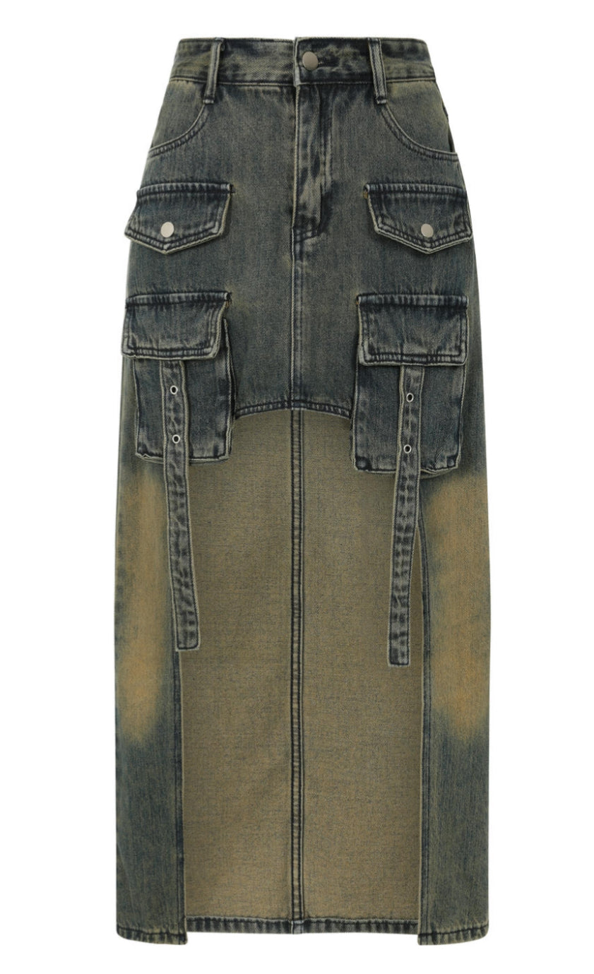 Distressed Denim Maxi Skirt