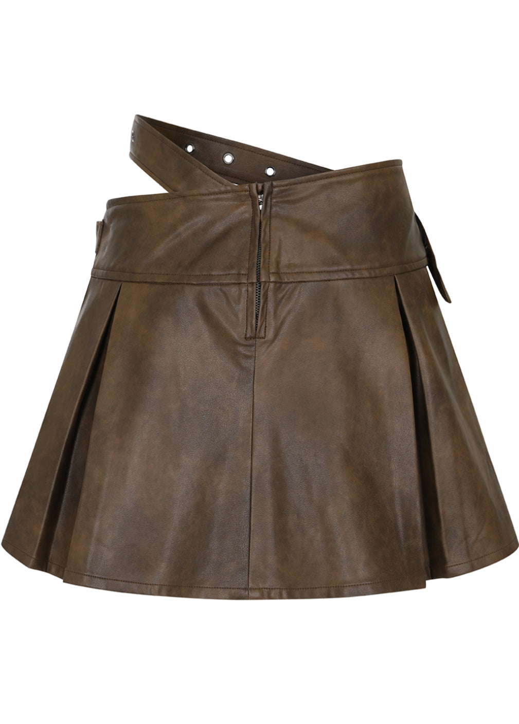 Brown Faux Leather Belted Pleated Skirt