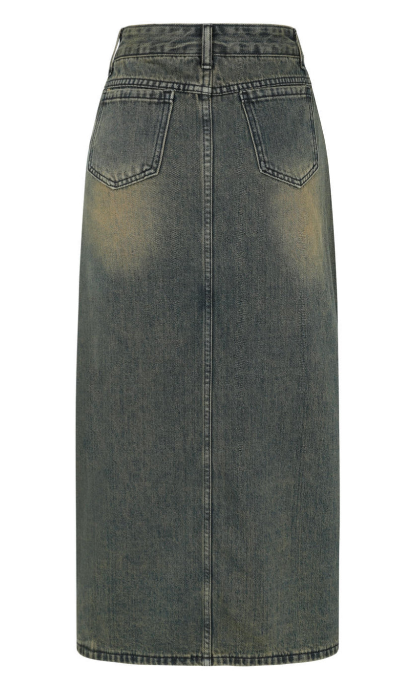 Distressed Denim Maxi Skirt