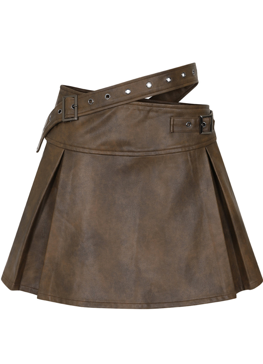 Brown Faux Leather Belted Pleated Skirt